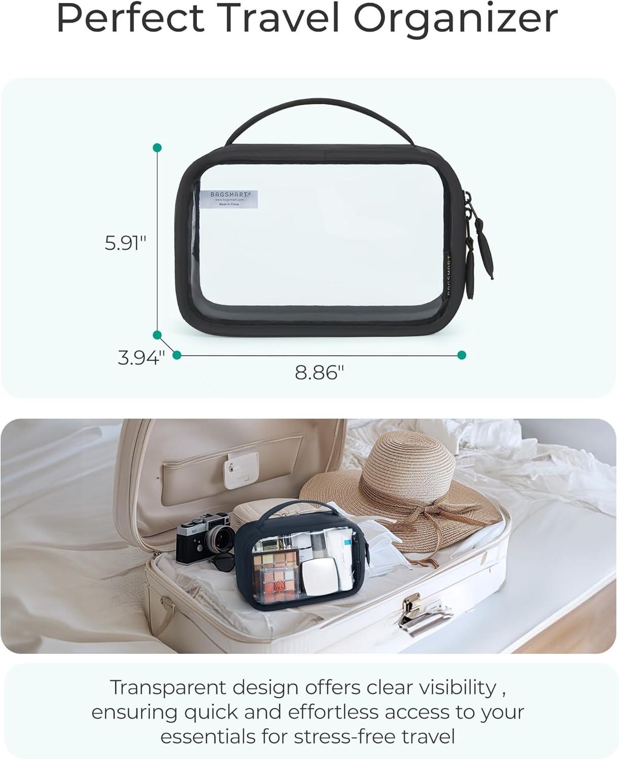image:imageBAGSMART TSAApproved Toiletry Bag Large Opening Clear Makeup Bag with Handle Quart Sized Travel Toiletry Bag CarryOn Airline Compliant for Men and Women BlackBlack