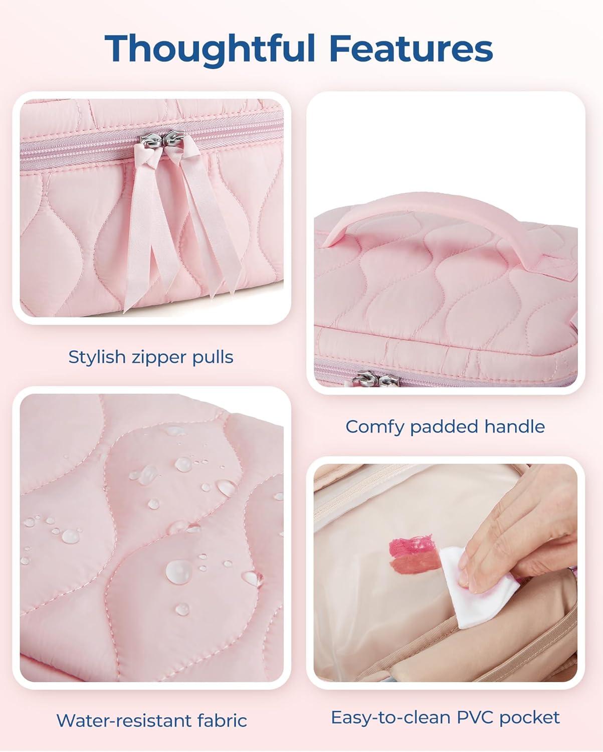 image:imageBAGSMART Travel Makeup Bag 2Piece Puffy Quilted Cute Make Up Bag Cosmetic Bags for Women Large WideOpen Toiletry Pouch Gifts for Toiletries Accessories Travelling Essentials PinkPink