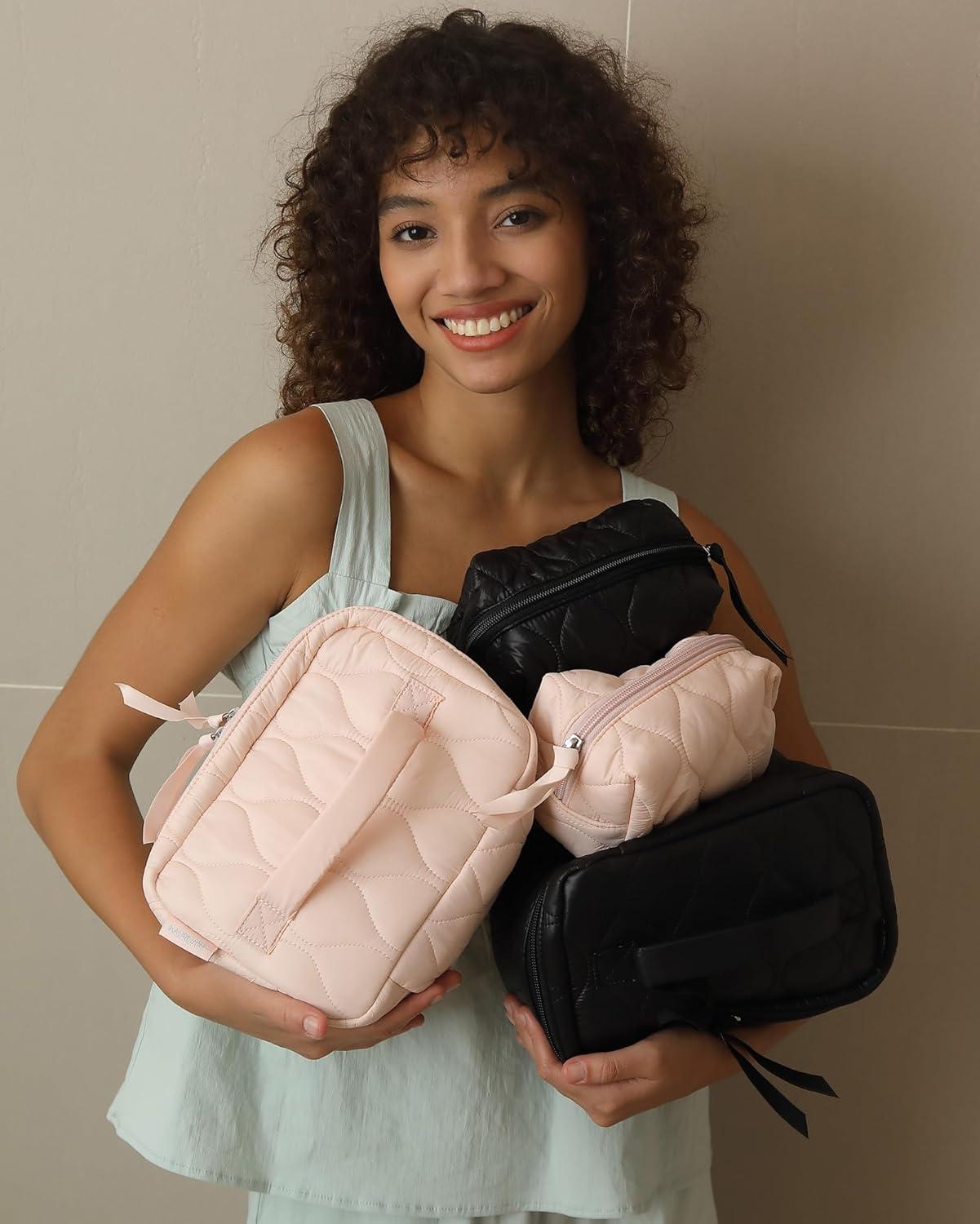 image:imageBAGSMART Travel Makeup Bag 2Piece Puffy Quilted Cute Make Up Bag Cosmetic Bags for Women Large WideOpen Toiletry Pouch Gifts for Toiletries Accessories Travelling Essentials PinkPink