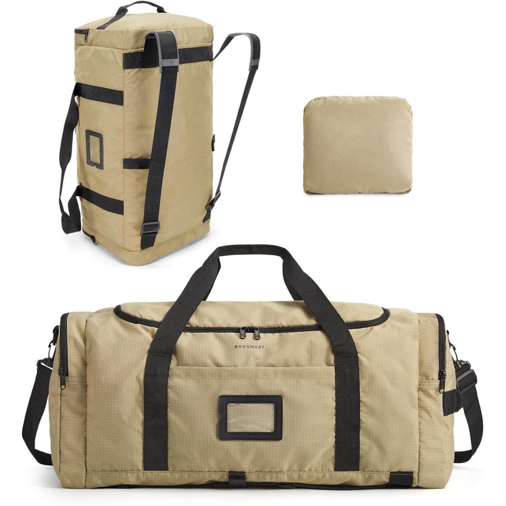 image:imageBAGSAMRT 60L Foldable Duffle Bag for Travel Large Travel Duffel Bag for Men 4 in 1 Travel Backpack Carry on Weekender Bag BlackLight Brown