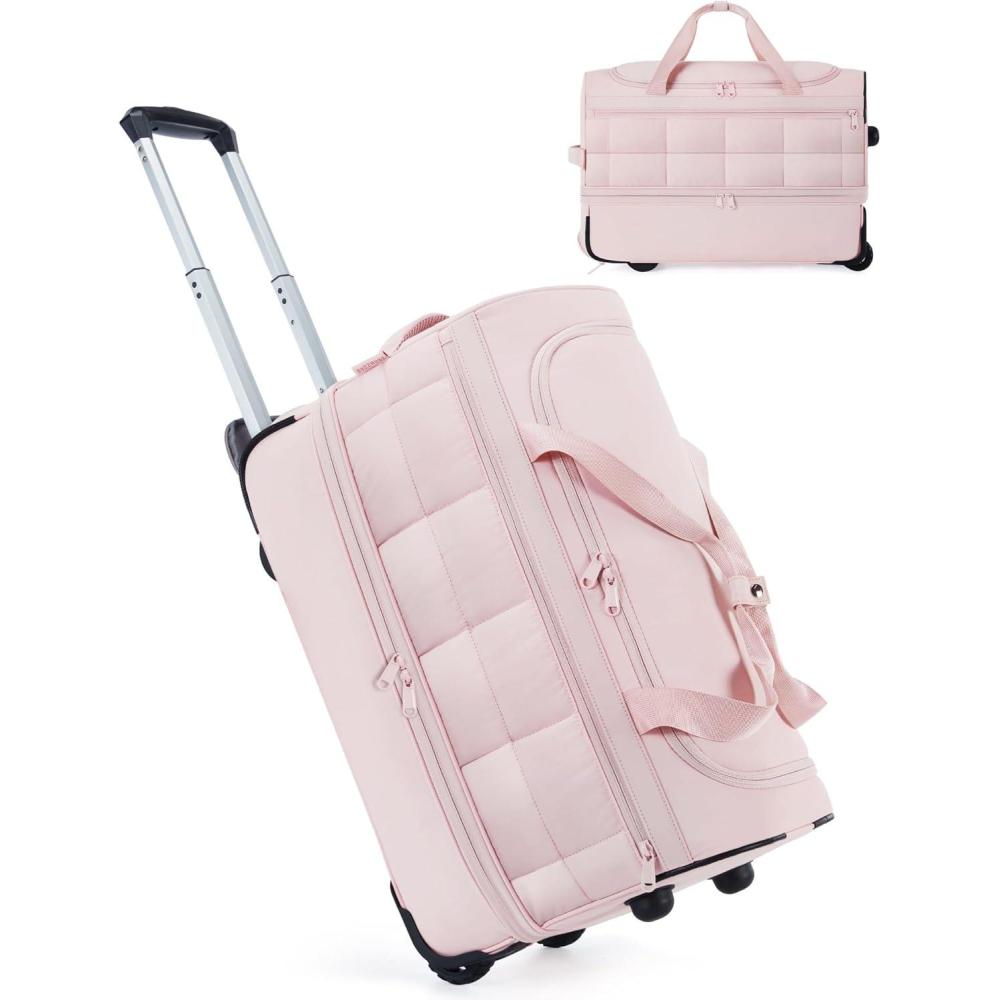 image:imageBAGSMART 42L Rolling Duffle Bag with Wheels Carry On Bag Duffel Bag for Travel Wet Pocket Duffle Bag with Wheels and Handle BrownAPink