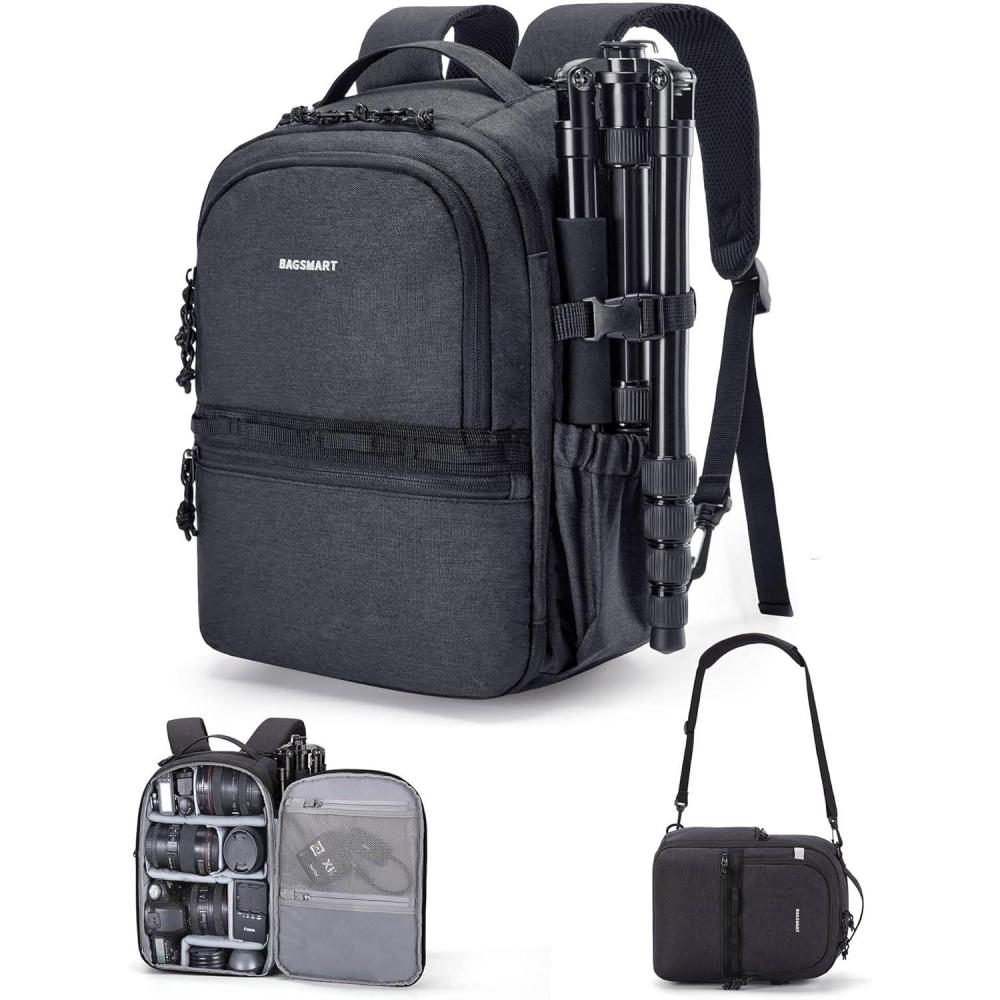 image:imageBAGSMART Camera Backpack DSLR SLR Small Camera Bags for Photographers Compatible for Sony Canon Nikon Shoulder Strap 2in1 Travel Backpack Fits 129 iPad GrayBlack
