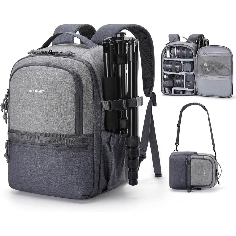 image:imageBAGSMART Camera Backpack DSLR SLR Small Camera Bags for Photographers Compatible for Sony Canon Nikon Shoulder Strap 2in1 Travel Backpack Fits 129 iPad GrayGray
