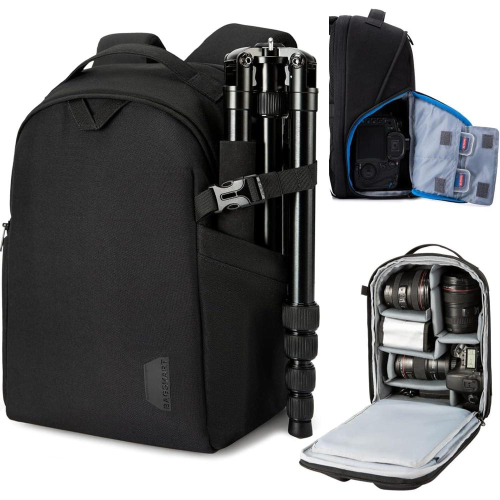 image:imageBAGSMART Camera Bag DSLR SLR Camera Backpack Fits up to 156 Laptop Camera Case for Photographers with Waterproof Rain Cover Tripod Holder BlackBlack