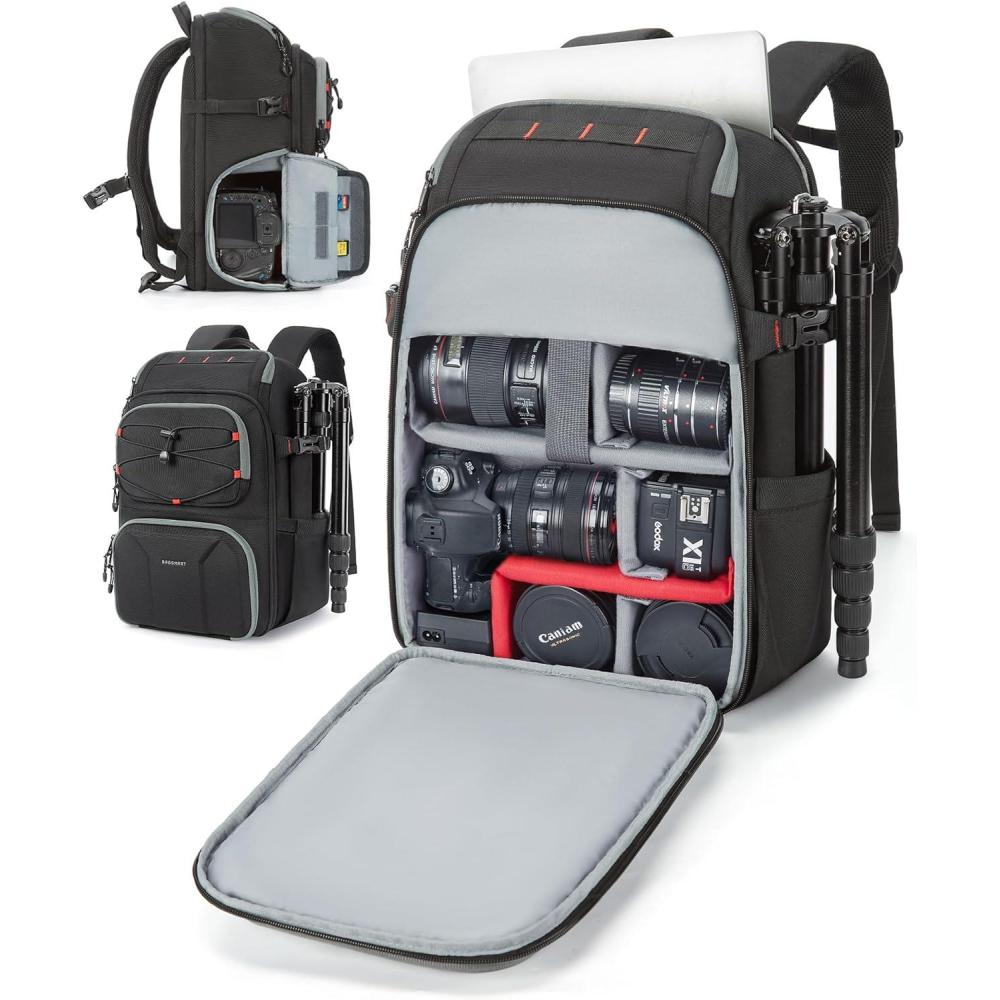image:imageBAGSMART Camera Bag for Photographers Professional Camera Bag Fits up to 156 Laptop DSLRDronesTripod Camera Case with Rain Cover GreyLight Black