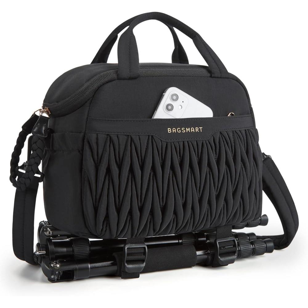 image:imageBAGSMART Camera Sling Bag Portable Small Camera Bags for Photographers with Tripod Holder Waterproof DSLRSLRCute Camera Case for Women with Rain Cover Compatible with Sony Canon Nikon BeigeBlack