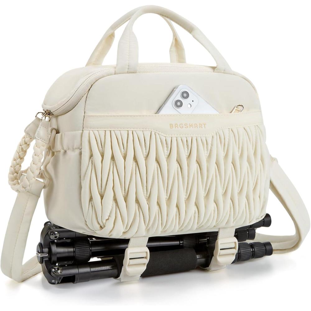 image:imageBAGSMART Camera Sling Bag Portable Small Camera Bags for Photographers with Tripod Holder Waterproof DSLRSLRCute Camera Case for Women with Rain Cover Compatible with Sony Canon Nikon BeigeBeige