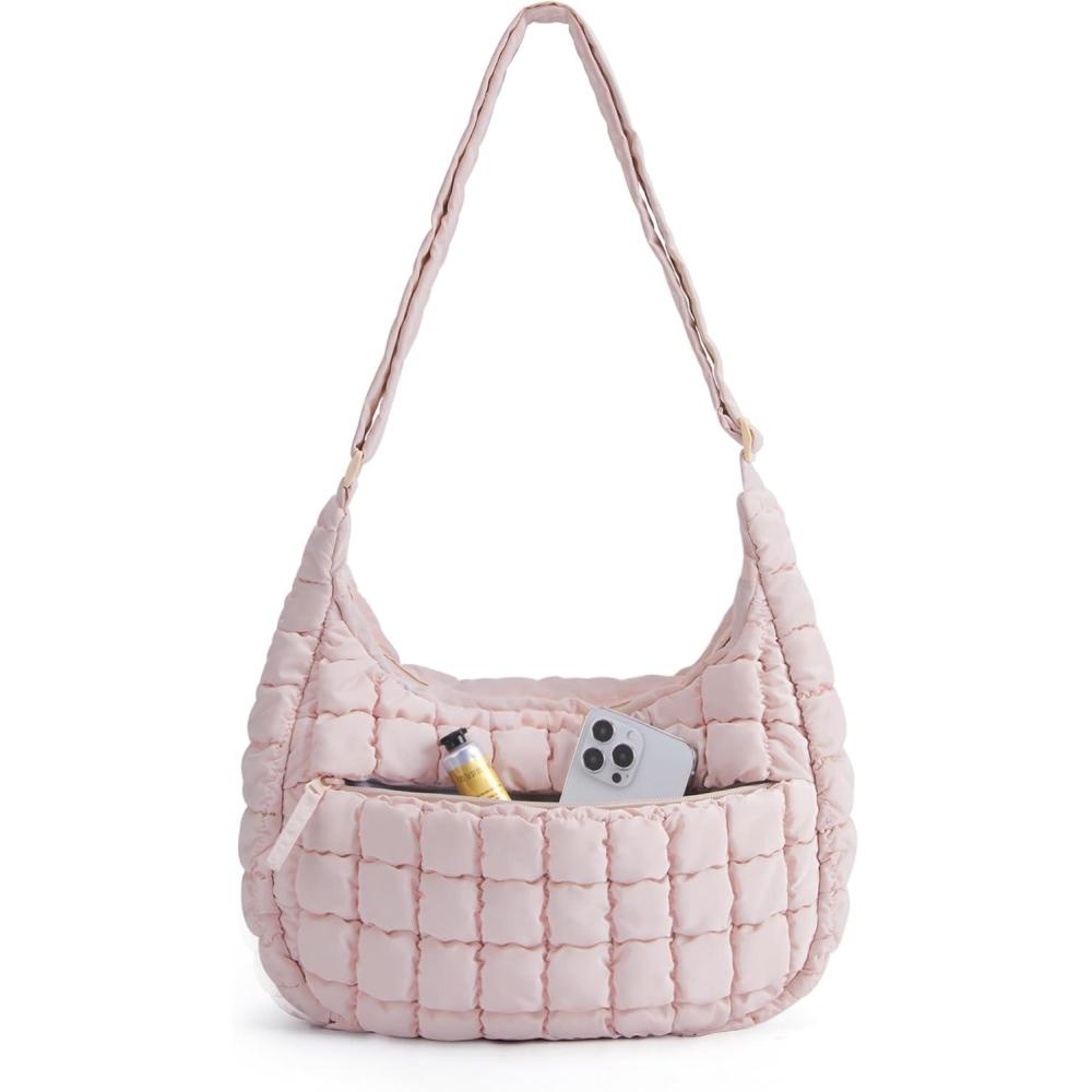 image:imageBAGSMART Crossbody Hobo Bag for Women Quilted Puffy Purses for Women Soft Fluffy Cute Shoulder Handbag for Daily UseDblossom Pink