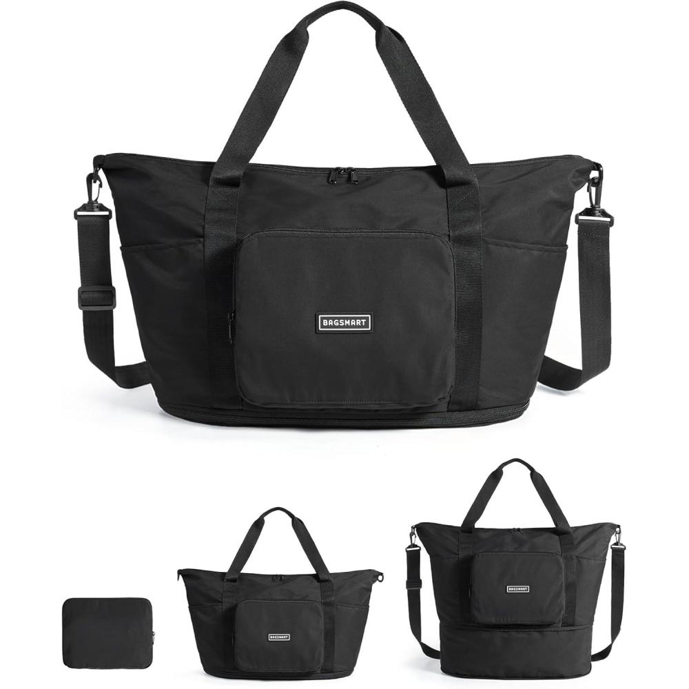 image:imageBAGSMART Foldable Travel Bag 37L Duffle Bag for Travel Expendable Carry on Weekender Duffel Lightweight Personal Item Bag BlackBlack