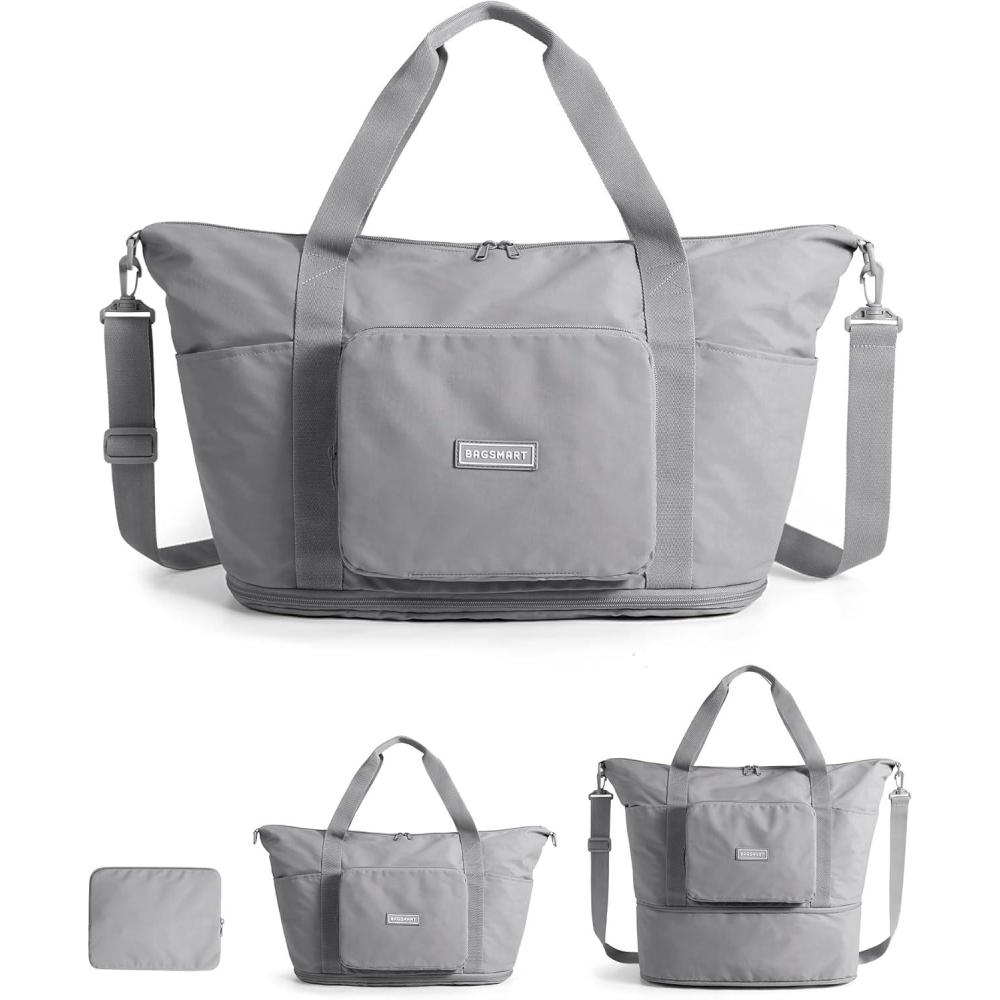 image:imageBAGSMART Foldable Travel Bag 37L Duffle Bag for Travel Expendable Carry on Weekender Duffel Lightweight Personal Item Bag BlackGrey