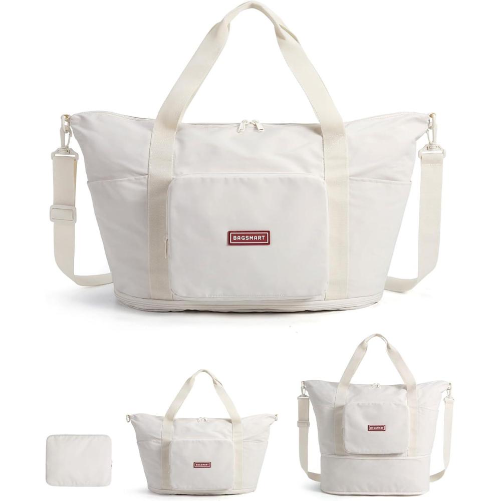 image:imageBAGSMART Foldable Travel Bag 37L Duffle Bag for Travel Expendable Carry on Weekender Duffel Lightweight Personal Item Bag BlackIvory White