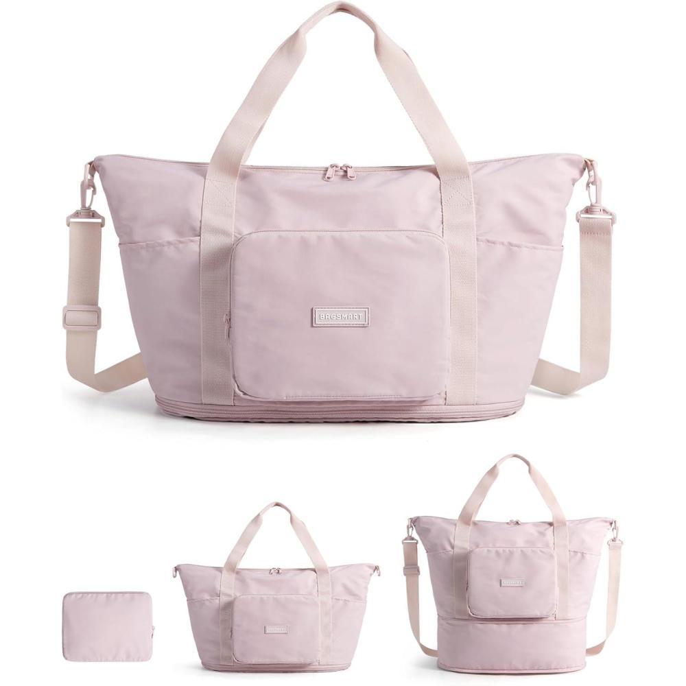 image:imageBAGSMART Foldable Travel Bag 37L Duffle Bag for Travel Expendable Carry on Weekender Duffel Lightweight Personal Item Bag BlackPink