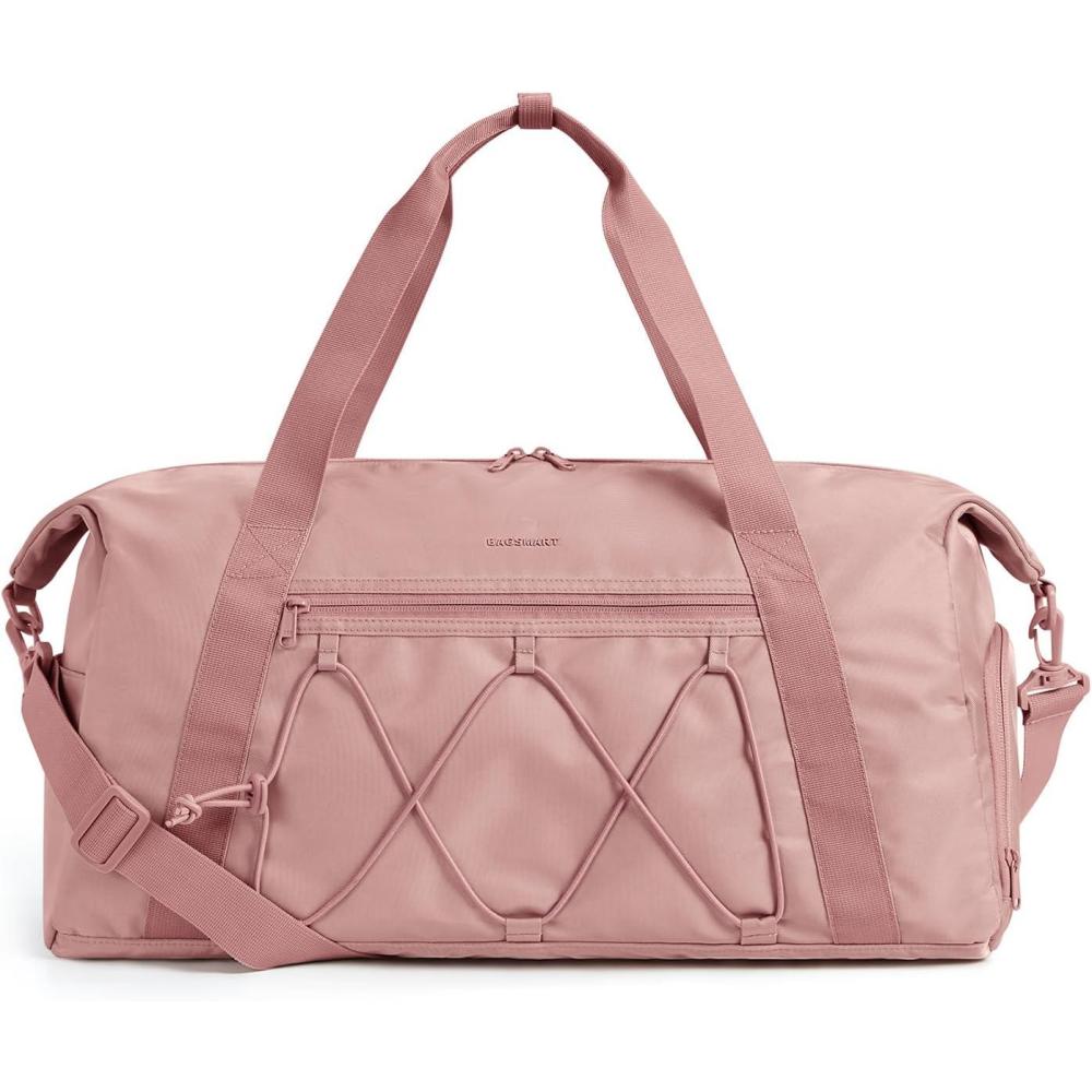 image:imageBAGSMART Gym Bag With Shoe Compartment amp Wet Pocket Lightweight Sports Travel Duffel Bag Carry On Bag Weekender Overnight Bag Water Resistant Sports Gym Tote Bags Swimming Yoga Almond OilDark Pink