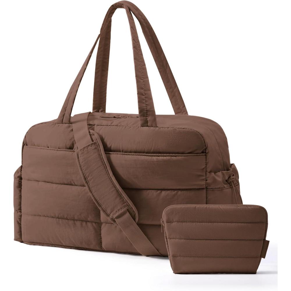 image:imageBAGSMART Gym Bag for Women Lightweight Puffer Duffle Bag 2PC Travel Bag 31L Weekender Overnight Bag Quilted Carry On Tote Bag Diaper Hospital Dance bag for Travel Gym Water Resistant CamelCoffee Brown
