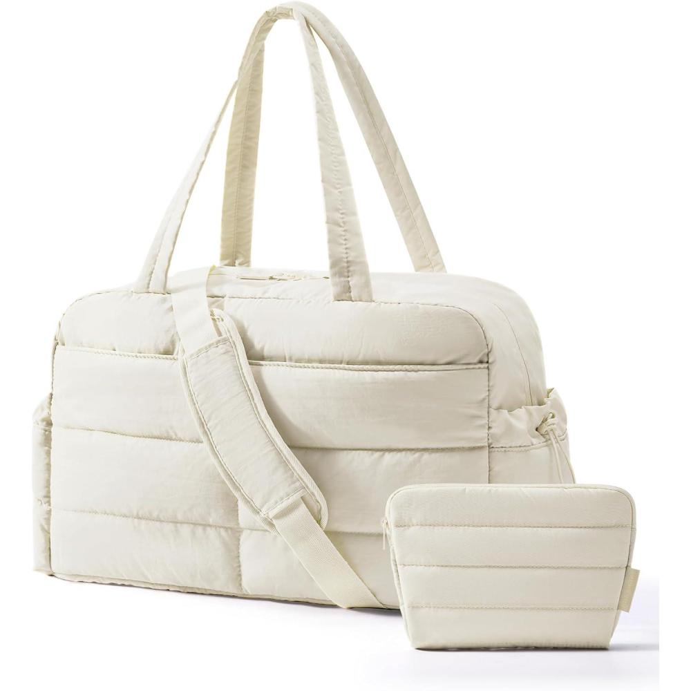 image:imageBAGSMART Gym Bag for Women Lightweight Puffer Duffle Bag 2PC Travel Bag 31L Weekender Overnight Bag Quilted Carry On Tote Bag Diaper Hospital Dance bag for Travel Gym Water Resistant CamelBeige