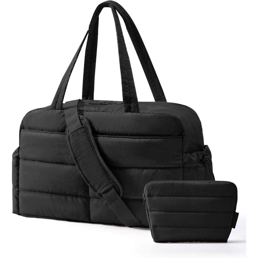 image:imageBAGSMART Gym Bag for Women Lightweight Puffer Duffle Bag 2PC Travel Bag 31L Weekender Overnight Bag Quilted Carry On Tote Bag Diaper Hospital Dance bag for Travel Gym Water Resistant CamelBlack