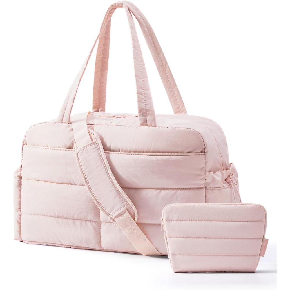 image:imageBAGSMART Gym Bag for Women Lightweight Puffer Duffle Bag 2PC Travel Bag 31L Weekender Overnight Bag Quilted Carry On Tote Bag Diaper Hospital Dance bag for Travel Gym Water Resistant CamelBaby Pink