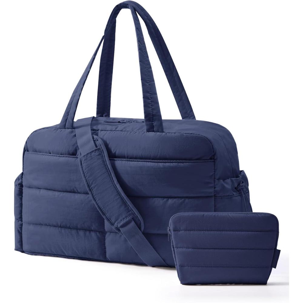 image:imageBAGSMART Gym Bag for Women Lightweight Puffer Duffle Bag 2PC Travel Bag 31L Weekender Overnight Bag Quilted Carry On Tote Bag Diaper Hospital Dance bag for Travel Gym Water Resistant CamelNavy Blue
