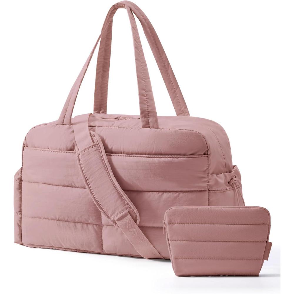 image:imageBAGSMART Gym Bag for Women Lightweight Puffer Duffle Bag 2PC Travel Bag 31L Weekender Overnight Bag Quilted Carry On Tote Bag Diaper Hospital Dance bag for Travel Gym Water Resistant CamelDull Pink