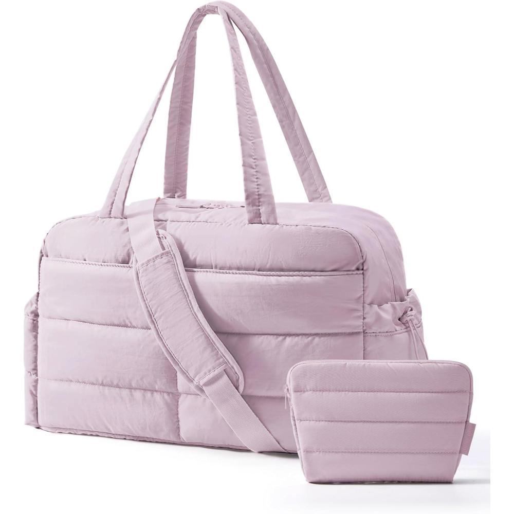 image:imageBAGSMART Gym Bag for Women Lightweight Puffer Duffle Bag 2PC Travel Bag 31L Weekender Overnight Bag Quilted Carry On Tote Bag Diaper Hospital Dance bag for Travel Gym Water Resistant CamelMisty Purple