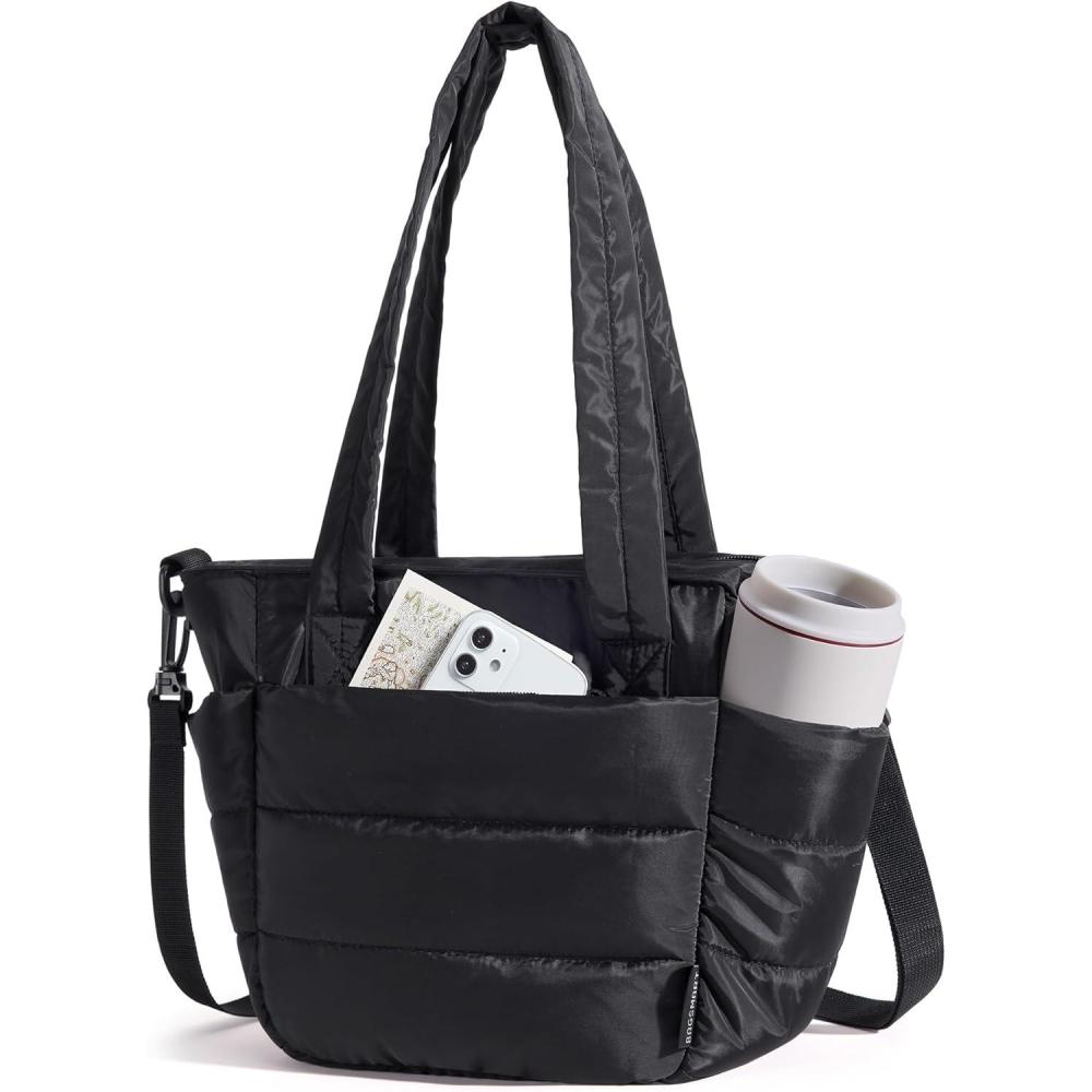 image:imageBAGSMART Lunch Bag Women Small Insulated Tote with Lunch Compartment Quilted Lightweight Puffy Tote Bag for Work Travel Outdoor Pink01black