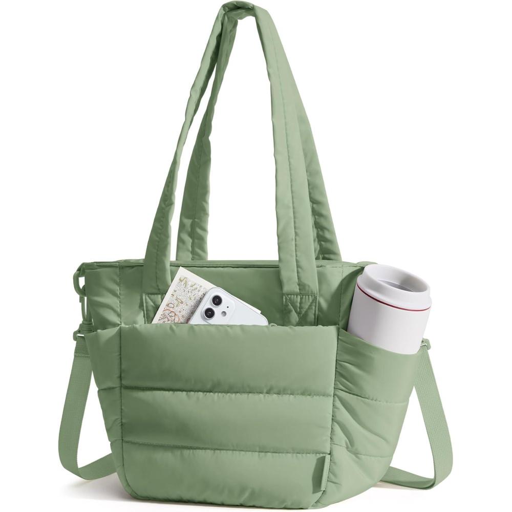 image:imageBAGSMART Lunch Bag Women Small Insulated Tote with Lunch Compartment Quilted Lightweight Puffy Tote Bag for Work Travel Outdoor Pink04Green