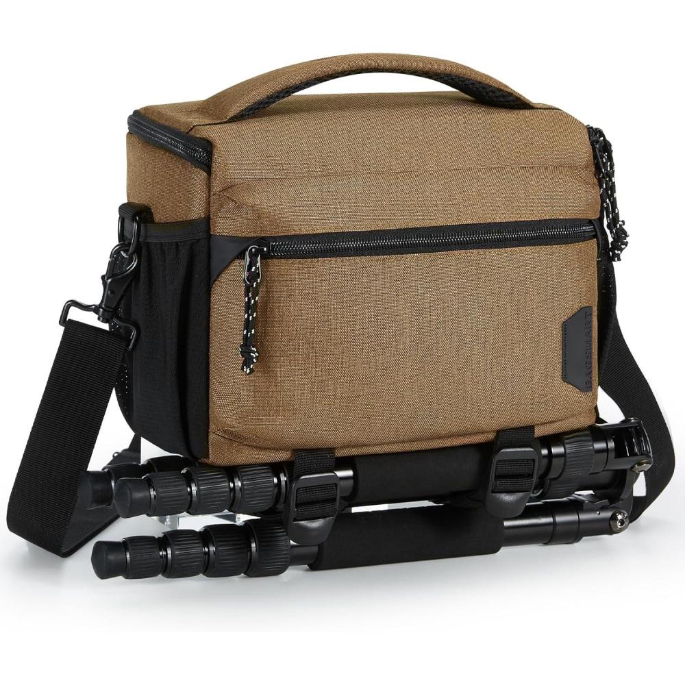 image:imageBAGSMART Small Camera Bag for Photographers Compact Camera Shoulder Bags for DSLRSLRMirrorless Cameras Waterproof Crossbody Camera Case with Tripod Holder Khaki