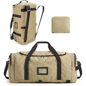 BAGSAMRT 60L Foldable Duffle Bag for Travel, Large Travel Duffel Bag for Men, 4 in 1 Travel Backpack, Carry on Weekender Bag, Black(Light Brown)