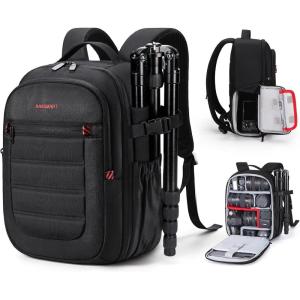 BAGSMART Camera Backpack, Expandable DSLR SLR Camera Bags for Photographers, Photography Travel Backpack with 15.6″ Laptop Compartment, Rain Cover & Tripod Holder, Black(Black)