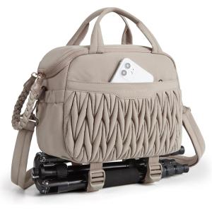 BAGSMART Camera Sling Bag, Portable Small Camera Bags for Photographers with Tripod Holder, Waterproof DSLR/SLR/Cute Camera Case for Women with Rain Cover, Compatible with Sony Canon Nikon, Beige(Brown)