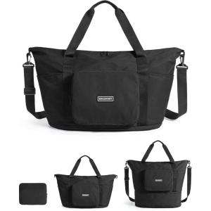 BAGSMART Foldable Travel Bag, 37L Duffle Bag for Travel, Expendable Carry on Weekender Duffel, Lightweight Personal Item Bag, Black(Black)