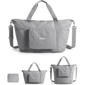 BAGSMART Foldable Travel Bag, 37L Duffle Bag for Travel, Expendable Carry on Weekender Duffel, Lightweight Personal Item Bag, Black(Grey)