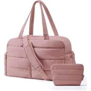 BAGSMART Gym Bag for Women, Lightweight Puffer Duffle Bag 2-PC Travel Bag, 31L Weekender Overnight Bag Quilted Carry On Tote Bag, Diaper Hospital Dance bag for Travel, Gym, Water Resistant, Camel(Dull Pink)