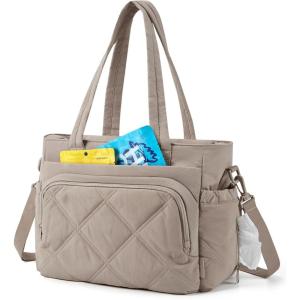 BAGSMART Lunch Bag Women Large Lunch Box Insulated Tote Bag with Multi-Pockets Quilted Puffy Tote for Work, Outdoors(02-Brown)
