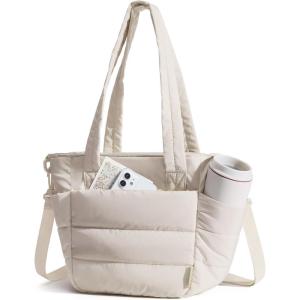 BAGSMART Lunch Bag Women Small Insulated Tote with Lunch Compartment Quilted Lightweight Puffy Tote Bag for Work, Travel, Outdoor, Pink(05-Beige)