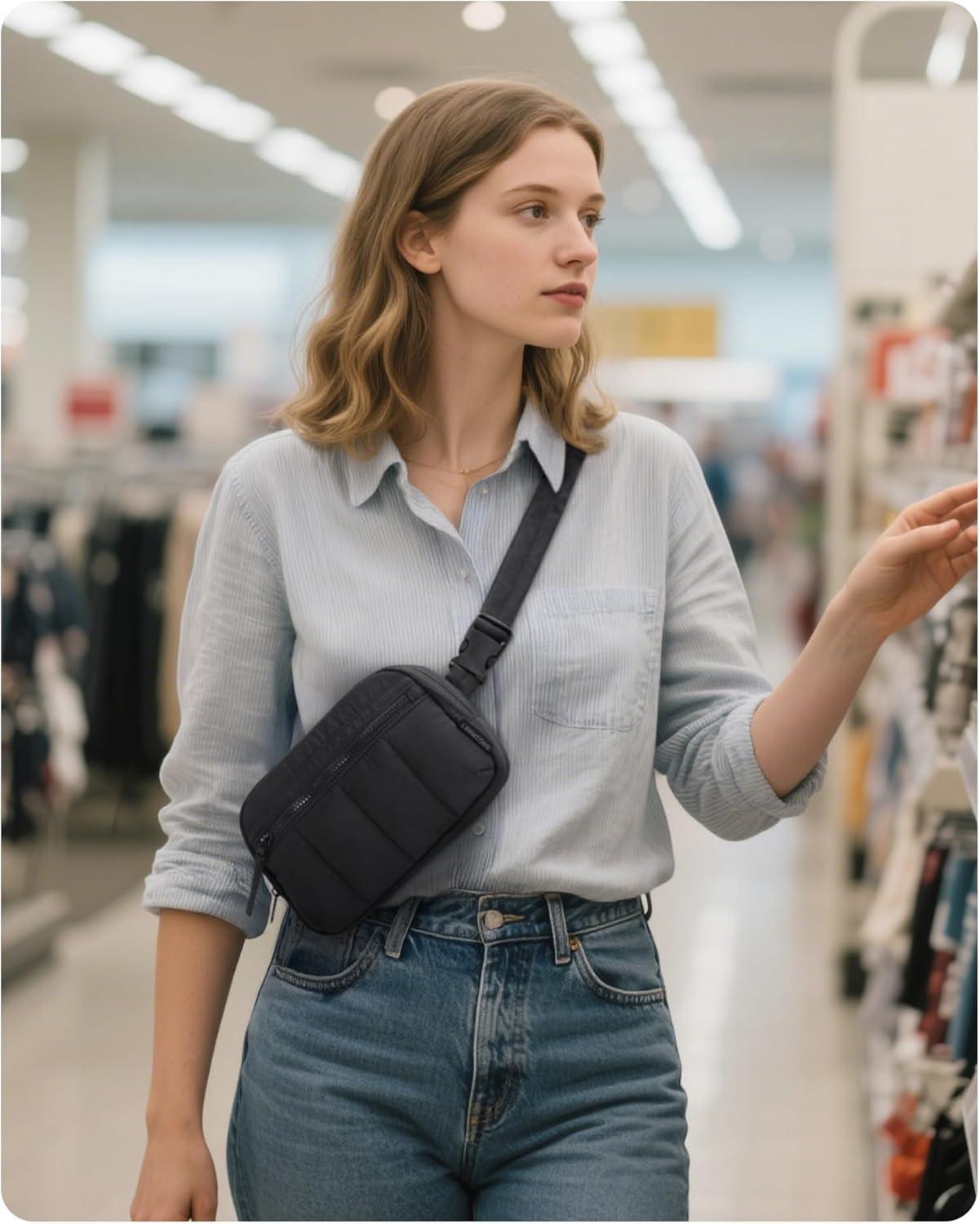 image:imageBAGSMART Fanny Packs for Women Cross Body Quilted Puffy Belt Bag with Pockets Fashion Waist Packs for Traveling Hiking CamelBlack