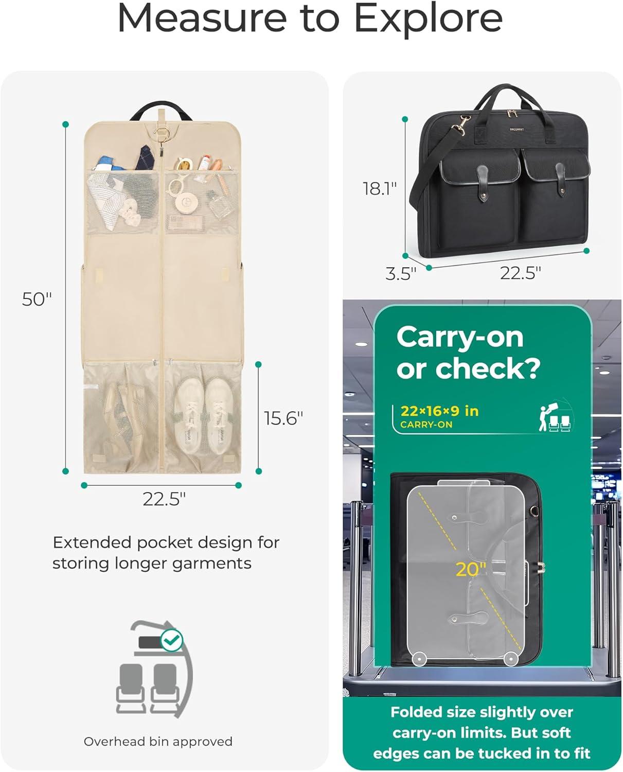 image:imageBAGSMART Large Garment Bags for Travel Carry on Garment Bags for Hanging Clothes Travel Suit Bag for Shirts Dresses Coats Black3Beige