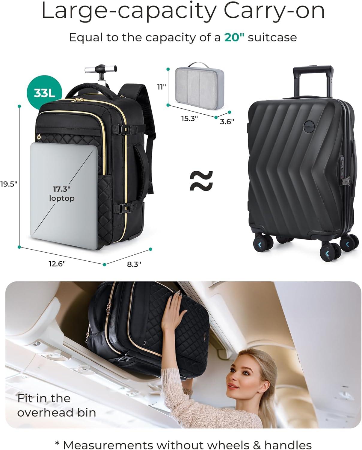image:imageBAGSMART Rolling Backpack for Women Wheeled Backpack with Packing Cube Travel Back pack with Wheels Carry On Suitcase Bag 17 Inch Large Roller Daypack BlackChampagne