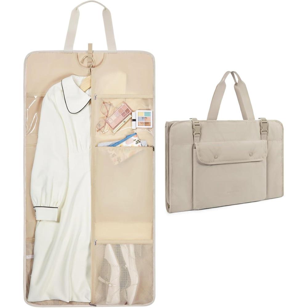 image:imageBAGSMART Garment Bags for Travel Foldable Carry on Suit Carrier for Hanging Clothes Stylish Dress Carrier Large Convertible Weekender Garment Bags for Women MenPuffy Camel