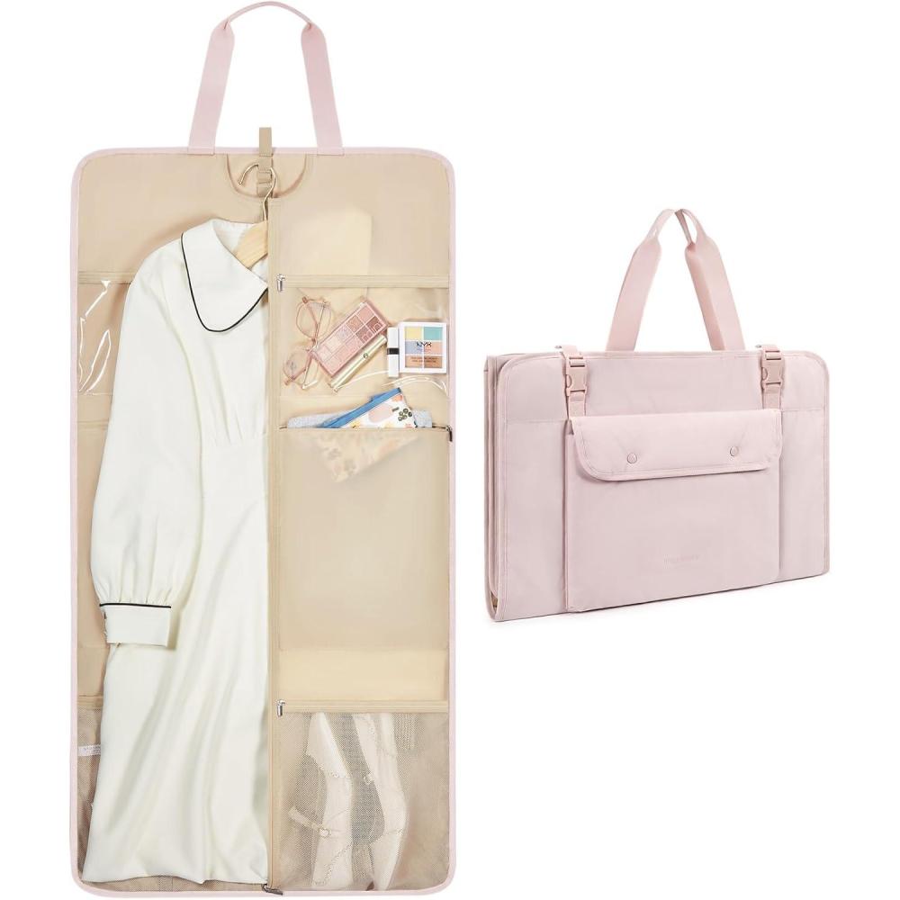 image:imageBAGSMART Garment Bags for Travel Foldable Carry on Suit Carrier for Hanging Clothes Stylish Dress Carrier Large Convertible Weekender Garment Bags for Women MenPuffy Light Pink