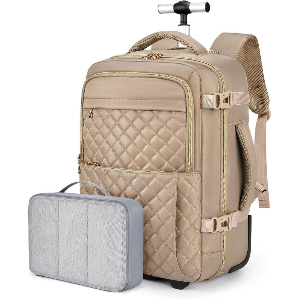 image:imageBAGSMART Rolling Backpack for Women Wheeled Backpack with Packing Cube Travel Back pack with Wheels Carry On Suitcase Bag 17 Inch Large Roller Daypack BlackChampagne