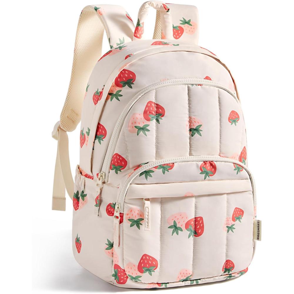 image:imageBAGSMART Travel Laptop Backpack College Backpack for Women Quilted Small Computer Bookbag WaterResistant 156 Inch Laptop Casual Bag Beige16strawberry Print