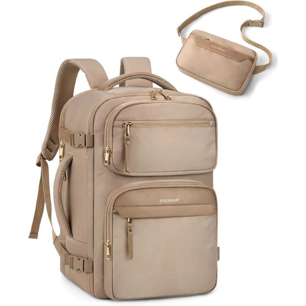 image:imageBAGSMART Womens Backpack Carry On Flight Approved Travel Backpack for Women with Waist BagTraveling Lightweight Weekender Casual Daypack 173 Laptop Work Back pack Personal Item BagChampagneChampagne