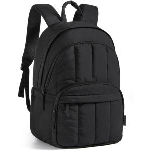 BAGSMART Travel Laptop Backpack, College Backpack for Women, Quilted Small Computer Bookbag, Water-Resistant 15.6 Inch Laptop Casual Bag, Beige(01-black)