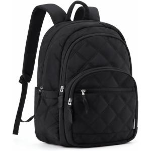 BAGSMART Travel Laptop Backpack, College Backpack for Women, Quilted Small Computer Bookbag, Water-Resistant 15.6 Inch Laptop Casual Bag, Beige(02-black)