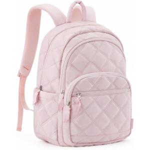 BAGSMART Travel Laptop Backpack, College Backpack for Women, Quilted Small Computer Bookbag, Water-Resistant 15.6 Inch Laptop Casual Bag, Beige(06-soft Pink)