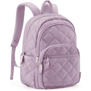 BAGSMART Travel Laptop Backpack, College Backpack for Women, Quilted Small Computer Bookbag, Water-Resistant 15.6 Inch Laptop Casual Bag, Beige(10-rose Purple)