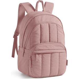 BAGSMART Travel Laptop Backpack, College Backpack for Women, Quilted Small Computer Bookbag, Water-Resistant 15.6 Inch Laptop Casual Bag, Beige(11-dark Pink)