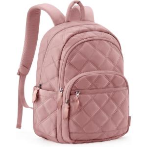 BAGSMART Travel Laptop Backpack, College Backpack for Women, Quilted Small Computer Bookbag, Water-Resistant 15.6 Inch Laptop Casual Bag, Beige(12-dark Pink)