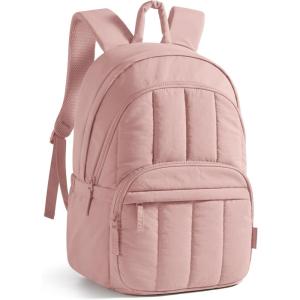 BAGSMART Travel Laptop Backpack, College Backpack for Women, Quilted Small Computer Bookbag, Water-Resistant 15.6 Inch Laptop Casual Bag, Beige(13-pink)
